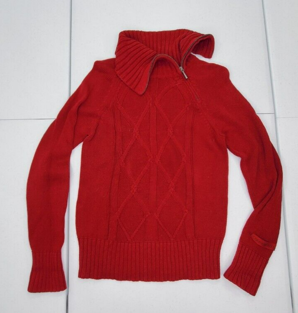 CALVIN KLEIN Women S Red Cotton Knit Pullover Sweater  1/4 Zip Cowl Neck Used